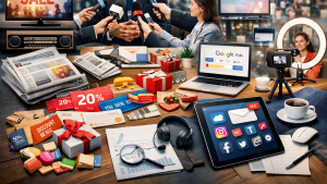 Na obrazie widoczna jest realistyczna, szczegółowa scena przedstawiająca różnorodne instrumenty komunikacji marketingowej w jednym, spójnym ujęciu