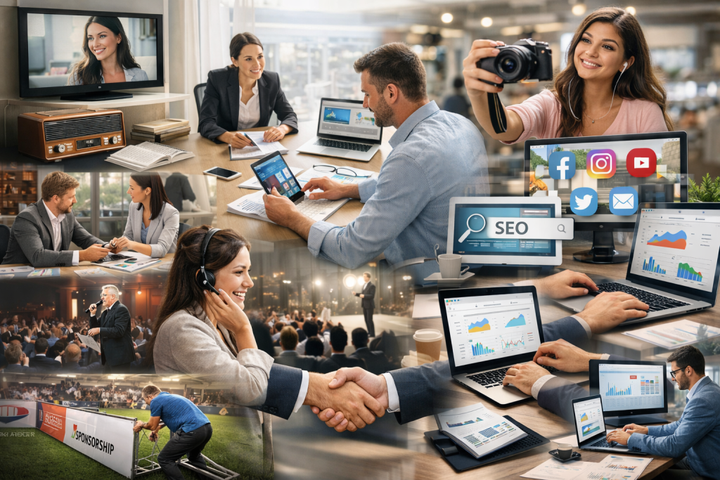 Obraz przedstawia realistyczną, wieloelementową scenę ukazującą zintegrowaną komunikację marketingową w praktyce