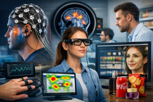 Obraz przedstawia realistyczną scenę badania neuromarketingowego w nowoczesnym środowisku laboratoryjno-badawczym