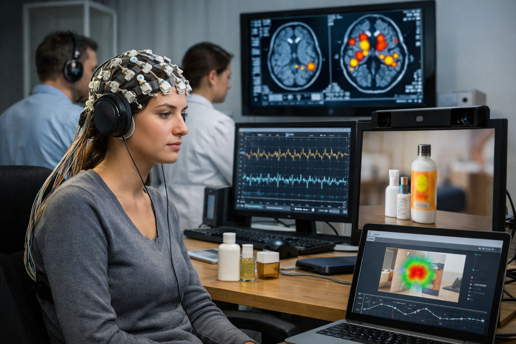 Obraz przedstawia scenę badania neuromarketingowego w laboratorium
