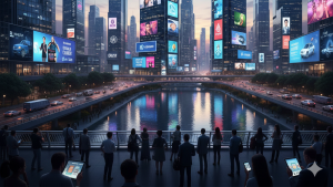 Obraz przedstawia miasto przyszłości, w którym każdy budynek służy jako nośnik informacji