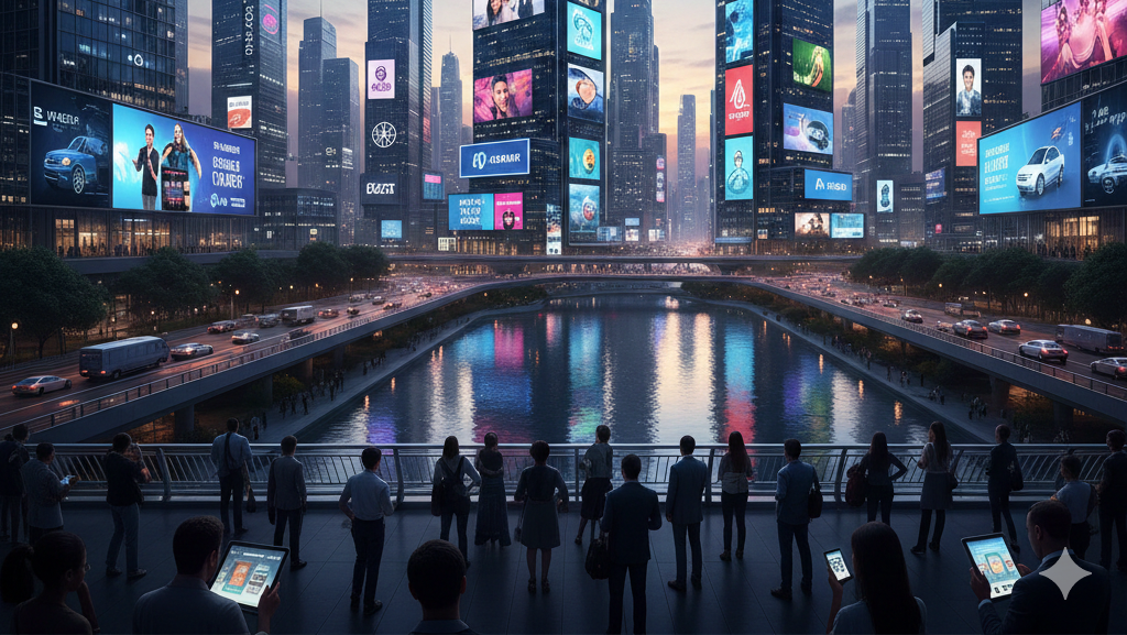 Obraz przedstawia miasto przyszłości, w którym każdy budynek służy jako nośnik informacji