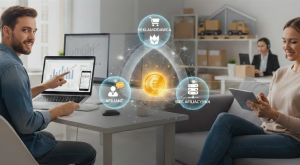 Obraz przedstawia nowoczesne, jasne biuro, w którym centralnym punktem jest futurystyczna grafika obrazująca procesy biznesowe lub finansowe