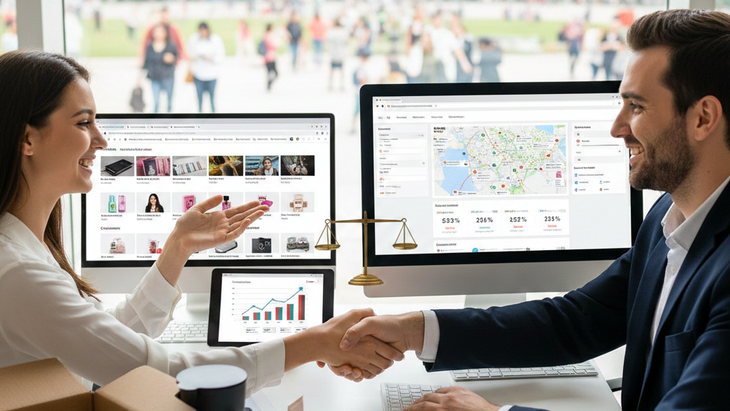 Obraz przedstawia nowoczesne biuro z dużym przeszkleniem w tle, przez które widać zarysy miejskiej architektury i parku