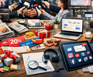 Na obrazie widoczna jest realistyczna, szczegółowa scena przedstawiająca różnorodne instrumenty komunikacji marketingowej w jednym, spójnym ujęciu