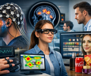 Obraz przedstawia realistyczną scenę badania neuromarketingowego w nowoczesnym środowisku laboratoryjno-badawczym