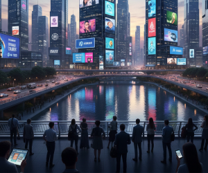 Obraz przedstawia miasto przyszłości, w którym każdy budynek służy jako nośnik informacji